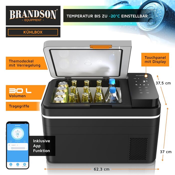 Автомобільний компресорний холодильник Brandson 30л з Bluetooth та Wi-Fi (Tuya Smart) - 230V/12V/24V, морозильна камера до -20°C, Еко-режим, чорний