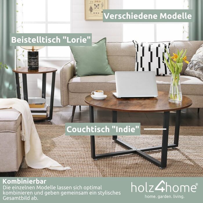 Журнальний стіл holz4home Lorie, круглий, з полицею, 50x57 см, індастріал, коричневий, легка збірка