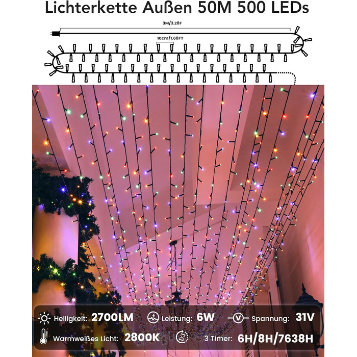 Світлодіодна гірлянда 50м 500 LED для вулиці та дому, водонепроникна з таймером та 11 режимами світла (теплий білий та кольоровий), для Різдва, весілля та вечірок