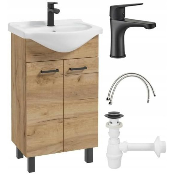 Підлогова тумба для ванної Domodomo з умивальником 85x50x41 см, комплект: керамічна раковина, сифон, чорний змішувач, дуб Craft, елегантний дизайн
