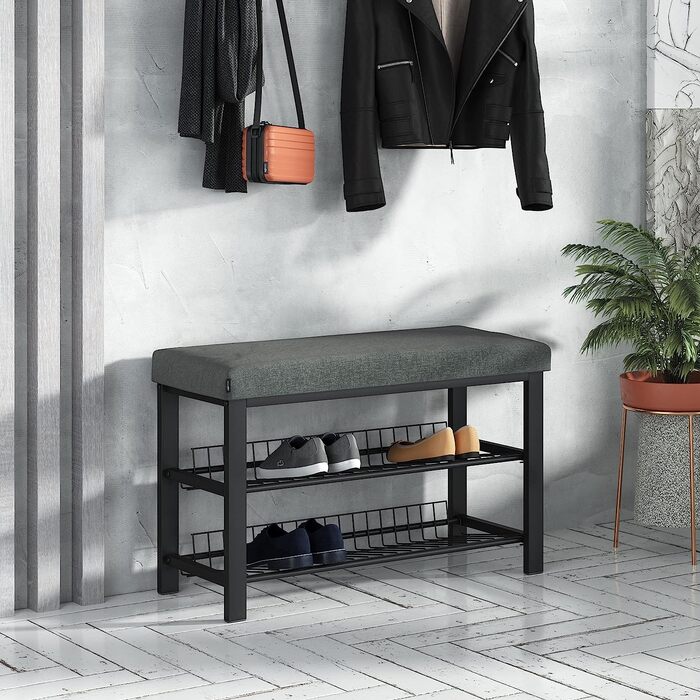 Стійка для взуття з лавкою Stardis, металева, 2 полиці, антрацит, 81x50x32 см – компактна взуттєва тумба для передпокою, вітальні чи спальні, захист від подряпин