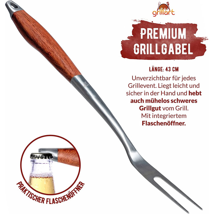 Преміум набір гриль-інструментів grillart, 3 предмети з нержавіючої сталі та дерев'яними ручками – щипці, лопатка, вилка з подовженими ручками, ідеальний аксесуар для гриля