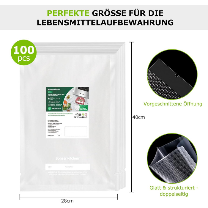 Пакети для вакууму Bonsenkitchen Profi VB3205, 28x40 см (100 шт) - для харчових продуктів, Sous Vide, міцні, без BPA
