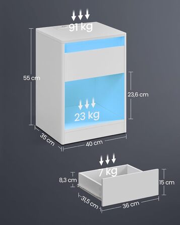 VASAGLE приліжковий столик з регульованим LED-підсвічуванням, розетками, USB, шухлядою, сучасний, для спальні та вітальні, білий хмарний LET618T15