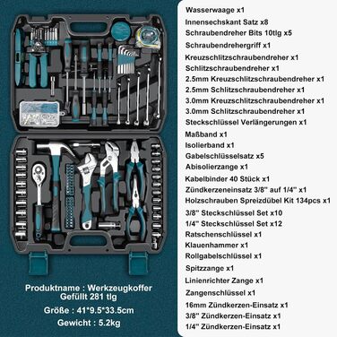 Набір інструментів Sundpey 281 предметів у кейсі: набір гайкових ключів, викруток, шестигранників, плоскогубців (синій)