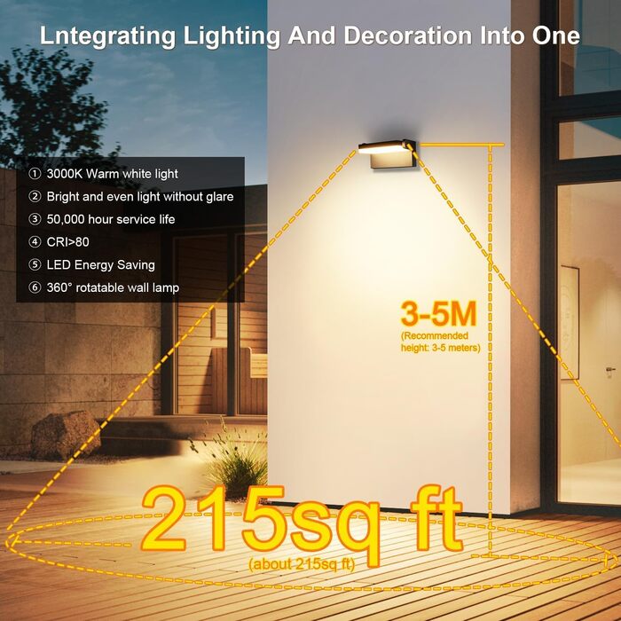 Стіна LED-ліхтар Kingwen 40W, сучасний настінний світильник з поворотним корпусом 360°, водонепроникний IP65, тепле біле світло 3000K, чорний, для тераси та гаража