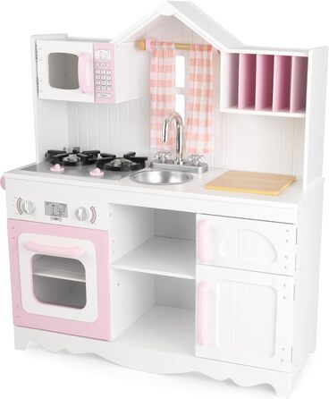 KidKraft Кухня для дітей Modern Country з дерева, рожева та біла, з фіранками, 53222 [Ексклюзив від Amazon]