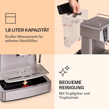 Еспресо-кавоварка Klarstein 1,8 л з панаретором, 19 бар, для 2 чашок, міні кавомашина з нержавіючої сталі, 1350 Вт