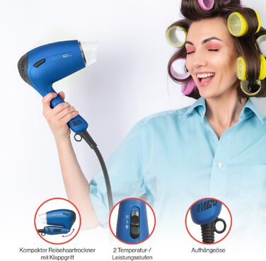 Компактний дорожній фен Clatronic HTD 3429, 1200 Вт, з дифузором та сумкою, двоступеневий, перемикач напруги 110/230В, синій