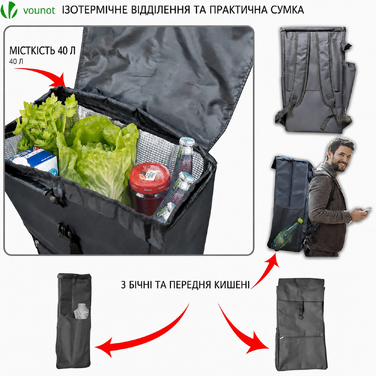 Сумка-візок VOUNOT для покупок з охолоджуючим відділенням, складний візок-трансформер для сходів з 3 колесами і сидінням, 40 л