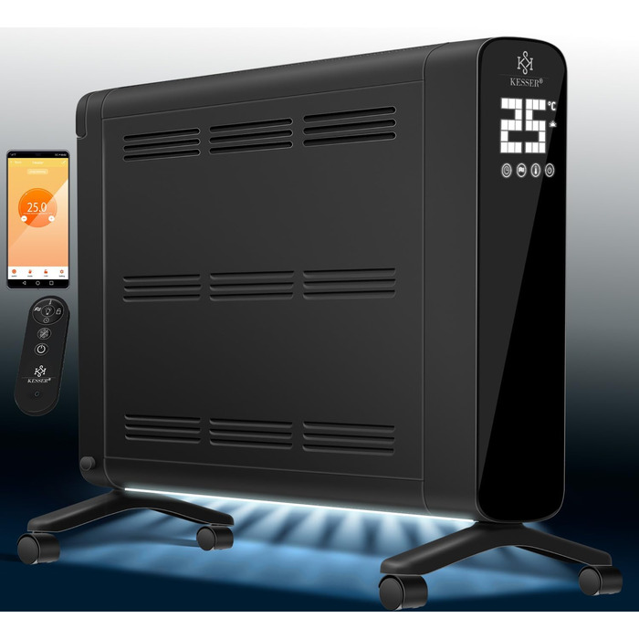 Електричний конвектор KESSER 1200/2400Вт, WiFi, термостат, таймер, сенсорний дисплей, економний, захист від перегріву, чорний