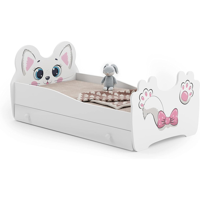 Дитяче ліжко Kids Collective 80x160 см з матрацом, шухлядою, дерев'яне, мотив кішка, європейське виробництво