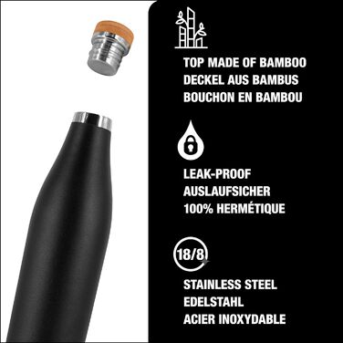 Термобутилка SIGG Meridian 0,5 л, нержавіюча сталь, бамбукова кришка, ізольована, чорна, BPA-free, без пластику, герметична