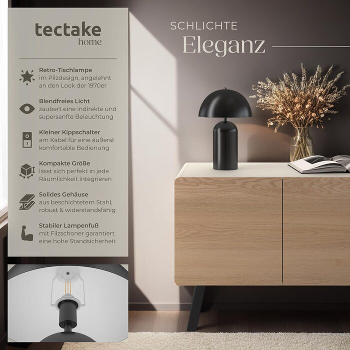 Настільна лампа tectake у формі гриба у вінтажному стилі — ретро-нічник та лампа для читання в вітальню, чорна
