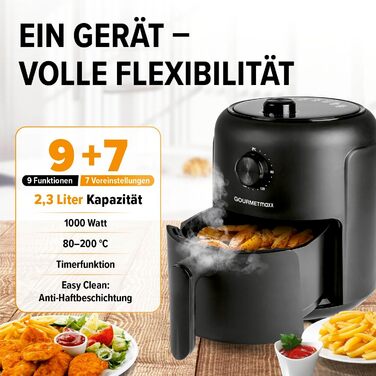 Аерофритюрниця GOURMETmaxx 2,3 л з таймером і сенсорним екраном, 8 функцій, 7 програм, енергозберігаюча, майже без олії, міні-піч, 1000 Вт, чорна