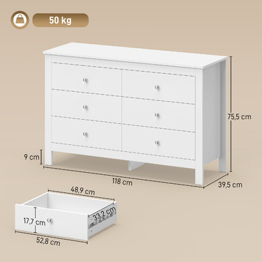 Комод на 6 шухляд, бічний столик (sideboard) з плавним ходом висувних ящиків для спальні, вітальні або передпокою, 118 x 39,5 x 75,5 см, білий