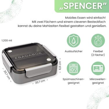 FRADABOX Бенто-ланчбокс Spencer, 2 відділення з ложкою та виделкою, преміум нержавіюча сталь, BPA-free, герметичний контейнер для обіду, підходить для мікрохвильовки, для дорослих і дітей