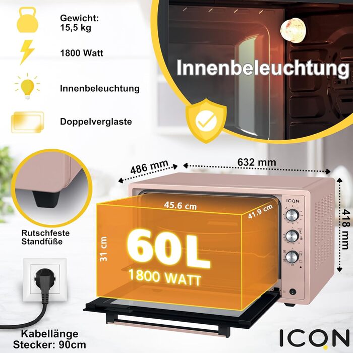 Міні-піч ICQN Rustik 60 л XXL з конвекцією, вертелом, емальована, антрацит (Рожевий)