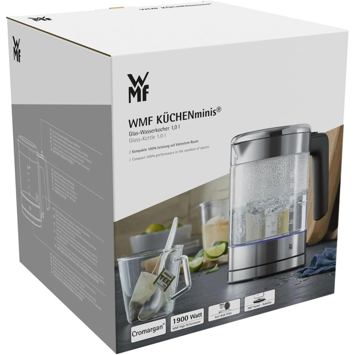 Електричний чайник WMF Küchenminis зі скла, 1 літр, бездротовий, з індикатором рівня води, фільтром від накипу та автовимкненням, 1900 Вт