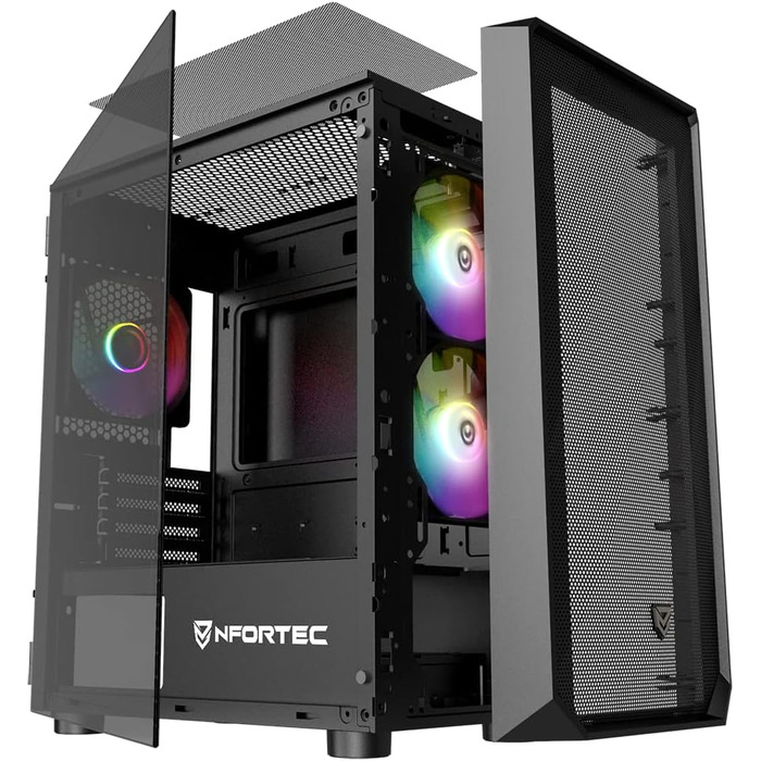 Корпус для ПК Nfortec DYS Mini Tower (MATX), 3x 120 мм ARGB вентилятори, металева сітка, бокова панель із загартованого скла, чорний