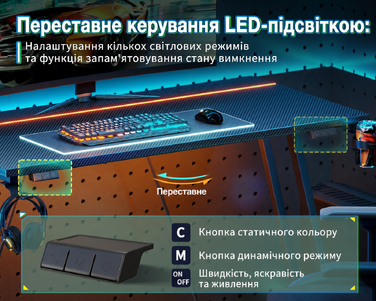 Ігровий стіл ODK 80x50 см з LED підсвіткою, чорний карбон: стіл для геймерів з тримачем для навушників та підставки для напоїв