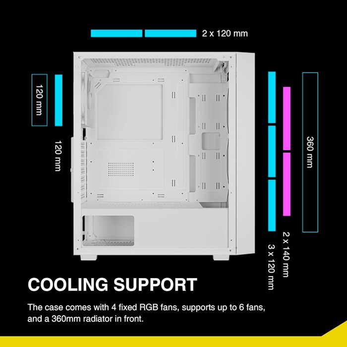 Ігровий корпус GAMDIAS Aura GC2 Elite ARGB ATX, білий, 4x120мм ARGB вентилятори, скляна бічна панель, Mesh-панель, синхронізація з материнською платою