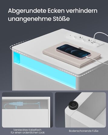 VASAGLE приліжковий столик з регульованим LED-підсвічуванням, розетками, USB, шухлядою, сучасний, для спальні та вітальні, білий хмарний LET618T15