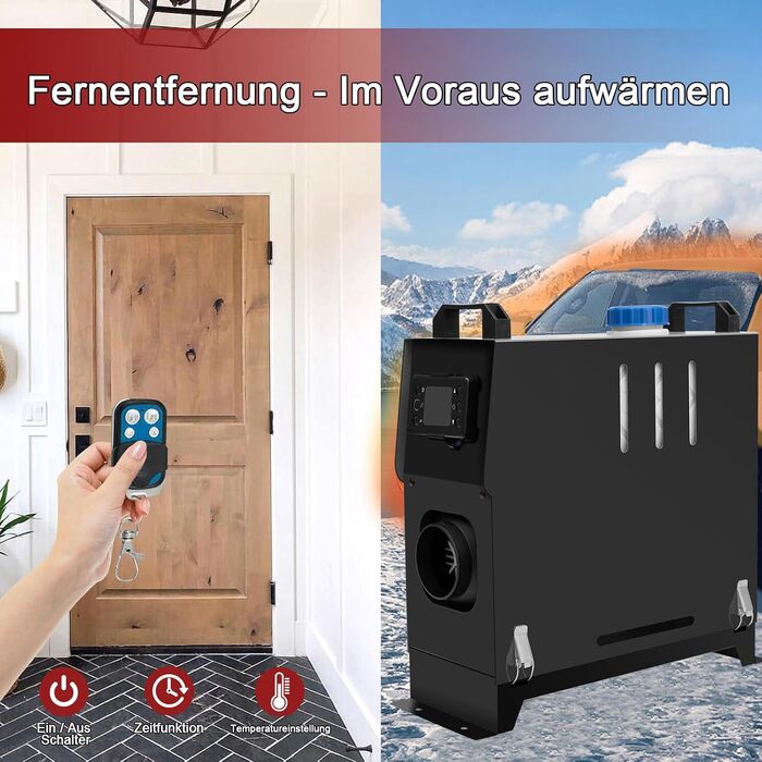 Автономний дизельний обігрівач повітря 5-8 кВт 12В з LCD-дисплеєм та дистанційним керуванням для авто, кемпера, човна та вантажівки, чорний