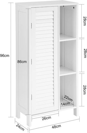 Шафа для ванної SoBuy BZR39-W з ламельними дверцятами, біла, 48x96x24 см – високий комод для зберігання, ванна кімната, меблі для ванної