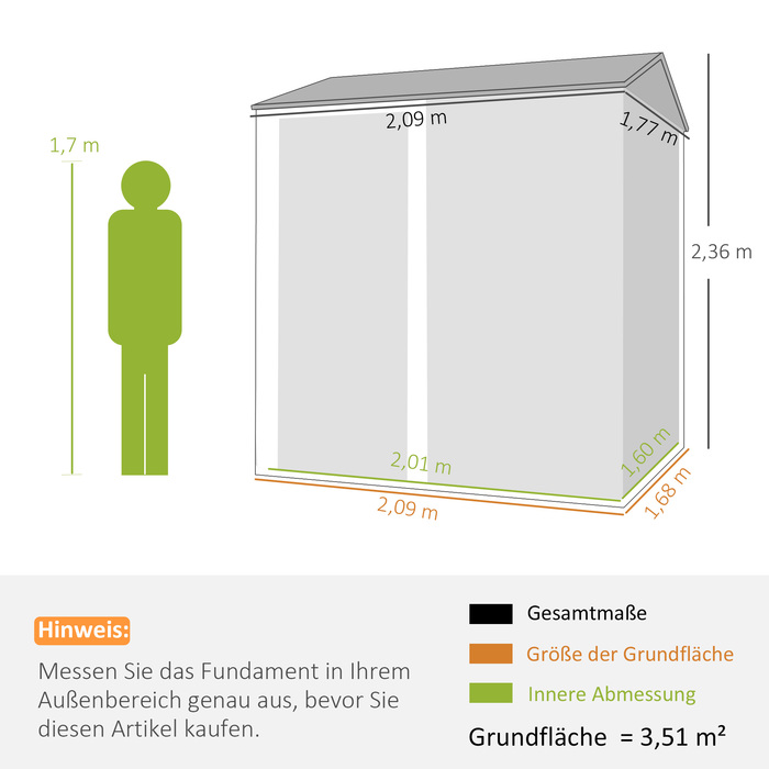 Металевий сарай Metall Gerätehaus 3,5 м², високий закривається на замок, з вентиляційним дахом, отворами для рукавичок, розміром 209 x 177 x 236 см
