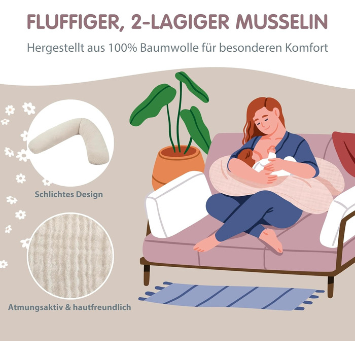 Подушка для вагітних та годування Theraline Dodo Pillow Premium 180 см, мусліновий чохол (100% бавовна), бежева
