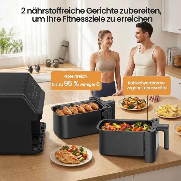 Аерофритюрниця LLIVEKIT 9L з двома камерами (2x4.5L), 8 програм, 4D конвекція, функція Sync-Finish, енергоощадна, PFOA-free, чорна