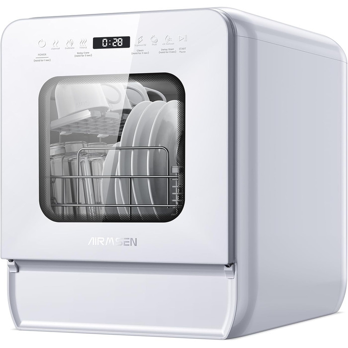 Мийка посуду AIRMSEN Mini для столу з резервуаром для води, ополіскувачем, 9 програм, 37*50 см, ультра-вузька, таймер 1-24 год, 360° подвійний розпилювач, шланг/без шланга, білий