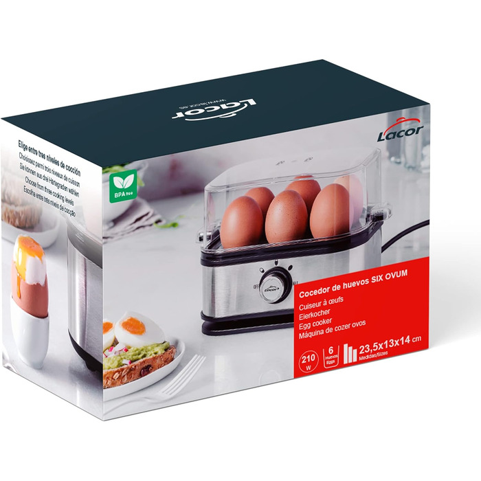 Електричний яйцеварка Lacor SIX OVUM з нержавіючої сталі 18/10, BPA Free, 6 яєць, 3 режими варіння, автоматичне вимкнення, сіра