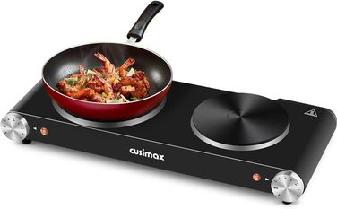 CUSIMAX електрична плита на 2 конфорки з чавунними дисками, подвійне регулювання температури, портативна настільна плита для кемпінгу, захист від перегріву, чорна, нержавіюча сталь, 53×22,8×7,8 см