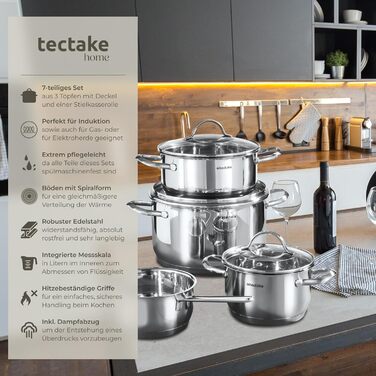 Набір каструль tectake® 7 шт. з нержавіючої сталі: каструлі з кришками для плити (індукційна, газова, електрична) - кухонний набір для дому та кемпінгу