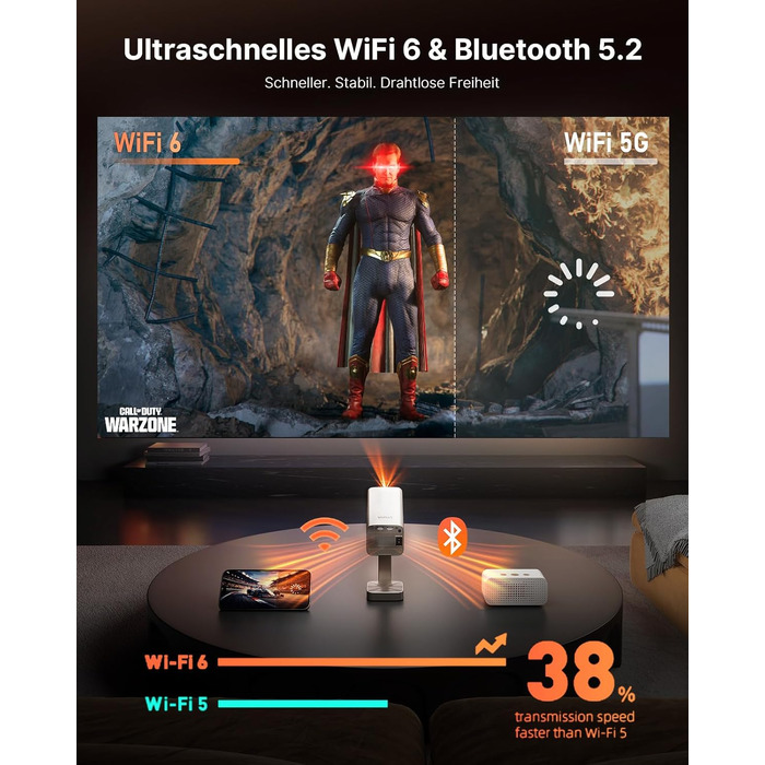 Smart проектор 4K VOPLLS Heimkino: Netflix, 30000 люмен, WiFi 6, Bluetooth, FHD 1080P, Автофокус, Корекція трапеції, Золотий