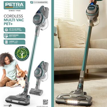 Пилосос для прибирання шерсті Petra Pet+ PF01195VDEEU7, бездротовий 2-в-1 вертикальний та ручний, акумулятор 22,2В, легкий, 40 хв роботи, LED-щітка, насадка для тварин, сріблясто-блакитний