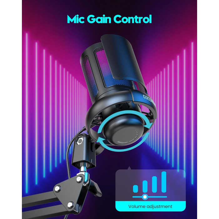 Мікрофон ігровий COCONISE RGB для ПК, стримінгу, подкасту, студії. USB мікрофон з 3.5 мм роз'ємом, регулюванням гучності та виносним кріпленням