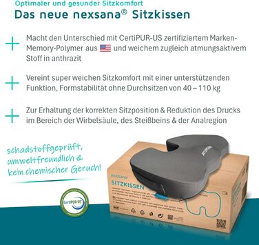 Ортопедична подушка для сидіння з US-Memory Foam, антрацит: підтримка спини, куприка та при геморої, для стільця та авто