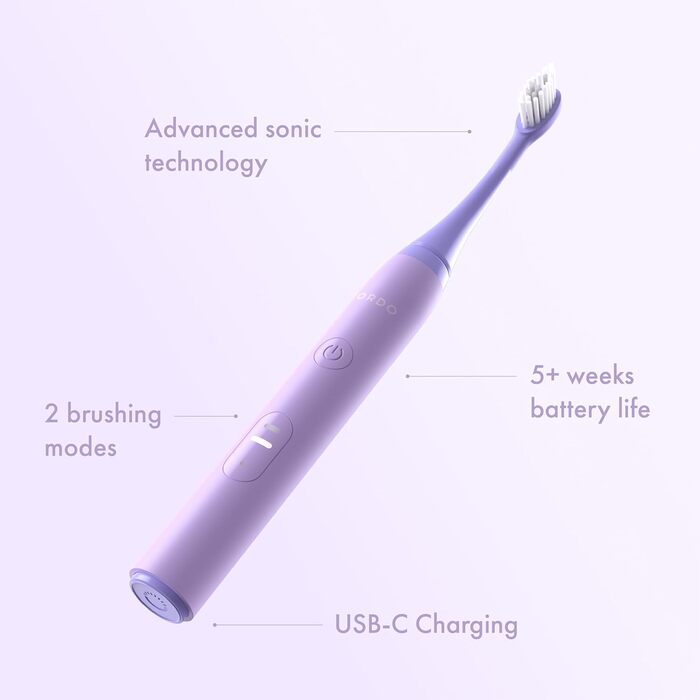 Електрична зубна щітка Ordo Sonic Lite з 35 000 імпульсів/хв, для дорослих, 2 режими, акумулятор до 5 тижнів, таймер, водонепроникна, USB-C, колір Лаванда
