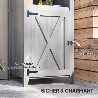 Outsunny Garden Шафа з дерева, Садовий сарай стійкий до погодних умов 60x60x160см, Садовий сарай з дверима, регульовані по висоті полиці, Садова шафа, що закривається, Садовий сарай для саду, Тераса, Задній двір, Світло-сірий