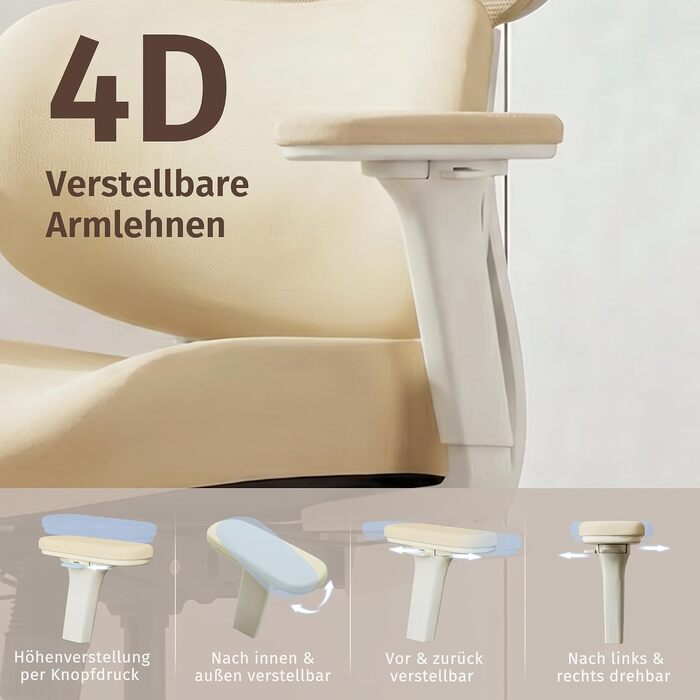 Ергономічне офісне крісло WELAX S3 Pro з сітчастою оббивкою, регульованим підголівником та підтримкою попереку для дому, офісу та геймінгу (Кремовий, без підніжки)
