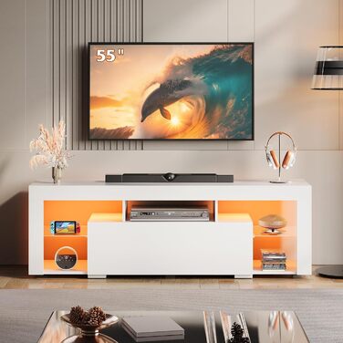 Тумба під телевізор WLIVE з LED підсвіткою, для ТВ до 70 дюймів, біла, 135x35x45 см - низька тумба для вітальні з полицями та 2 шухлядами
