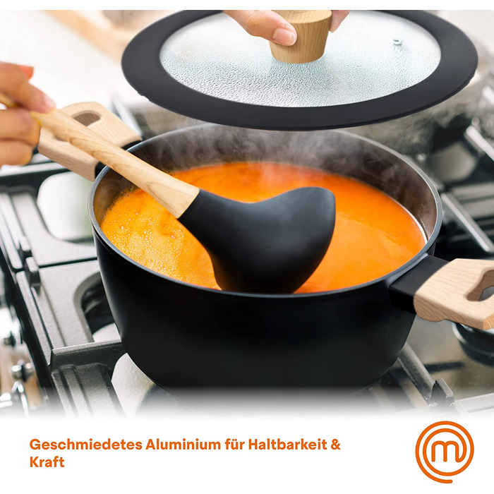 Каструля MasterChef з кришкою 20 см, алюмінієва, антипригарна, індукційна, з дерев'яною ручкою, універсальна для всіх плит, набір каструль і сковорідок, натуральна колекція