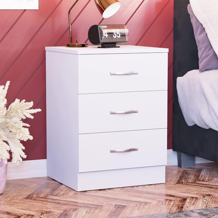 Тумба приліжкова Vida Designs Riano, 3 шухляди, білі, металеві ручки, захист від прогину, спальня, 56x40x36 см