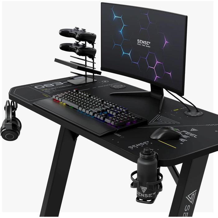 Ігровий стіл SENSE7 Nomad Cybernetic 120x60 см, комп'ютерний стіл з вуглецевим покриттям, ергономічний, з гачком для навушників, підсклянником та тримачем для контролера