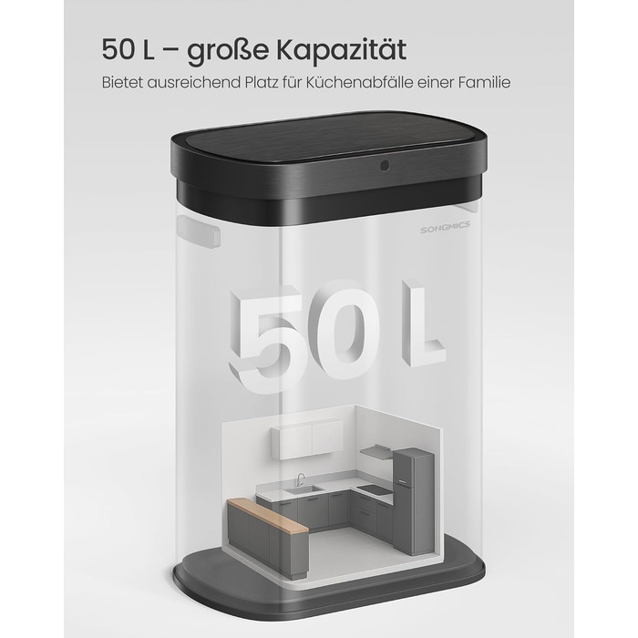 SONGMICS Відро для сміття з сенсором, автоматичне, 50 л, відкриття рухом руки або дотиком, Softclose-кришка, сталь, з 15 мішками для сміття, LTB640B02 (металік срібло + чорний)