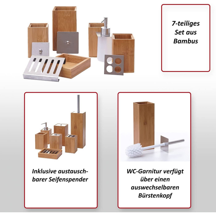 Набір для ванної з бамбука HWC-A90, 7 предметів: аксесуари для ванної, дозатор для мила, тримач для зубних щіток, мильниця, комплект для туалету