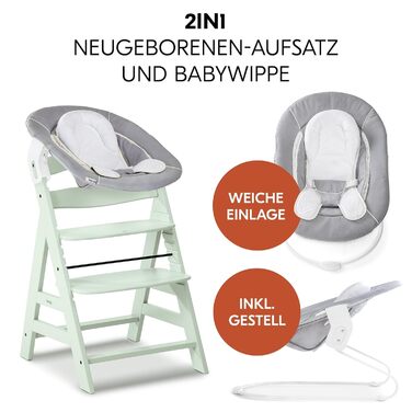 Дитячий високий стільчик Hauck Alpha+ Newborn Set з 2in1 гойдалкою - Зростаючий дерев'яний стільчик для годування з народження, з подушкою та гойдалкою для новонароджених - М'ятний Classic Mint